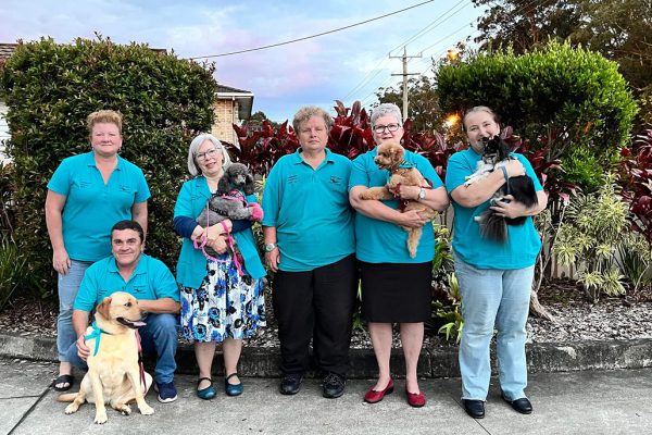 five people wearing turquoise shirts and holding or standing next to dogs