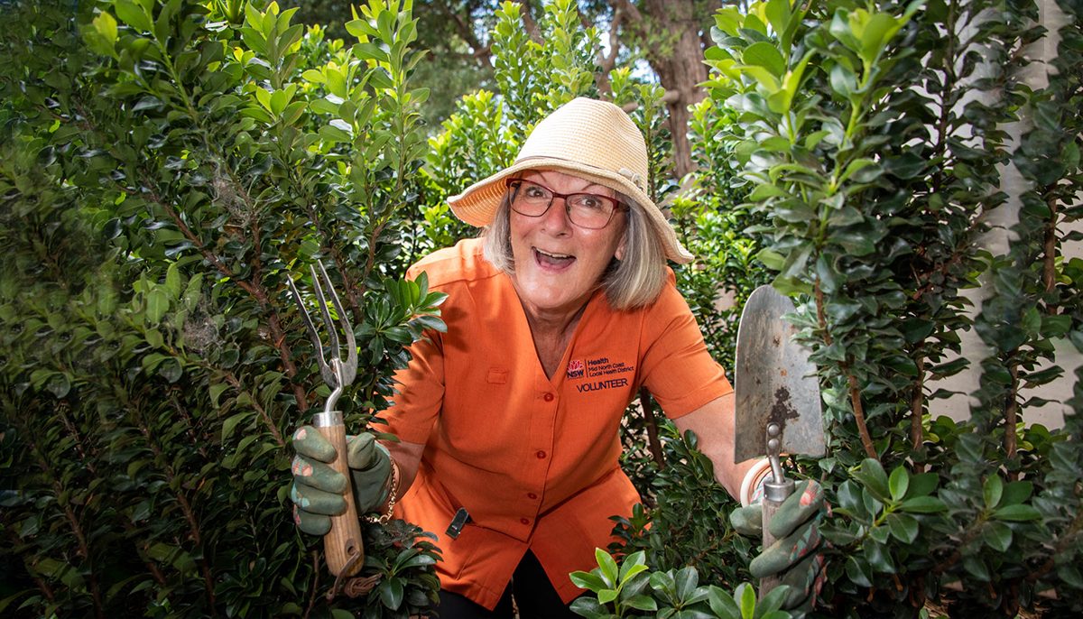 woman wearing an orange shirt peaking through some shrubs with a small garden fork and spade in her hands.