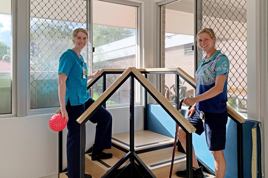 Two physiotherapists standing on steps