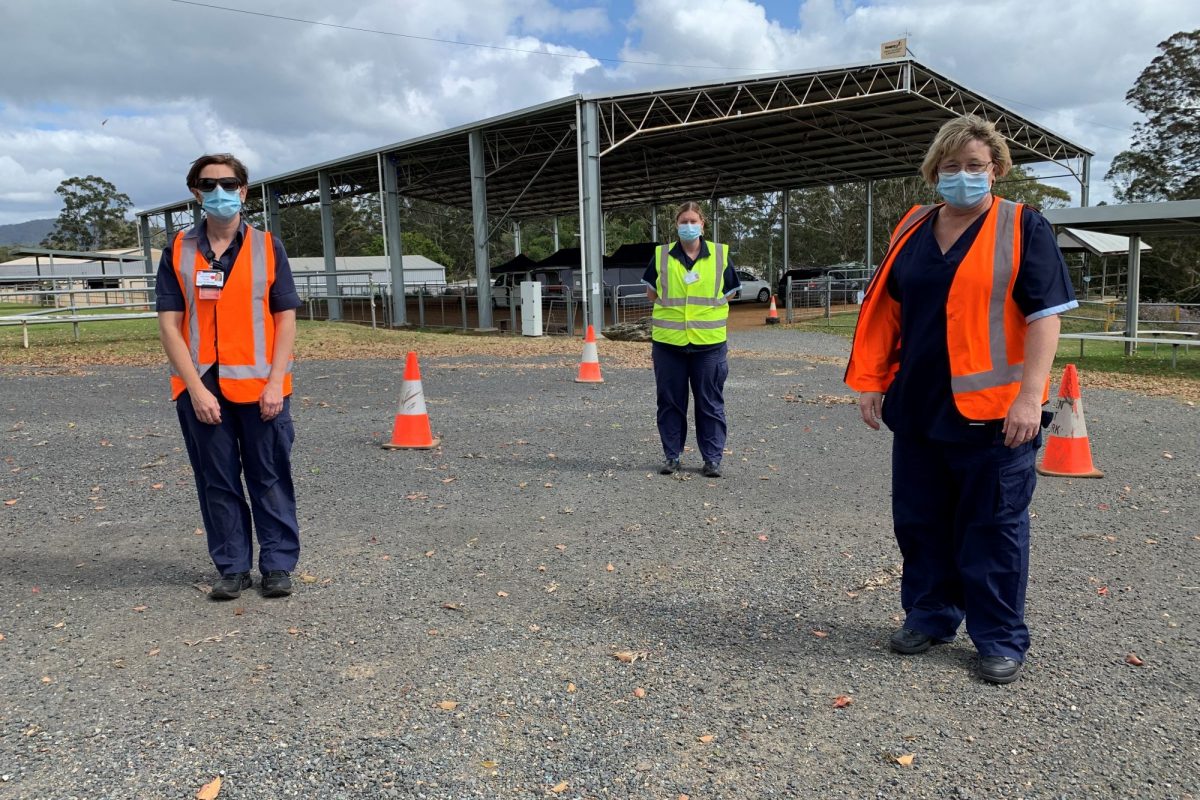 Grainne Ducat, Sarah Morris and Belinda Chapman at the Wauchope pop-up drive-through COVID-19 testing clinic.