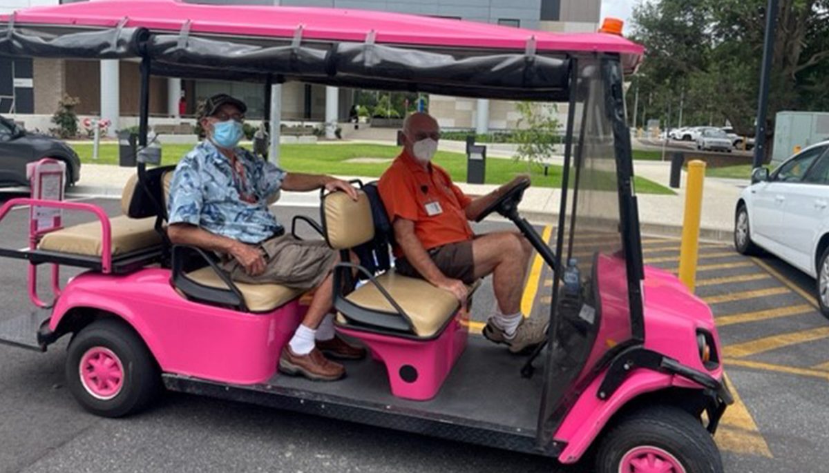 two men in a pink buggy - one is a passenger, the other driving